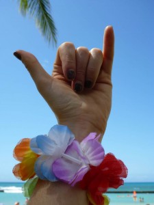 Em had her wrist lei on, she was ready for Hawai'i now.